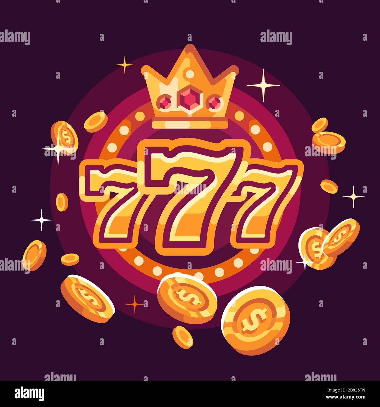 777 casino win illustration with flying gold coins on red background Stock Vector