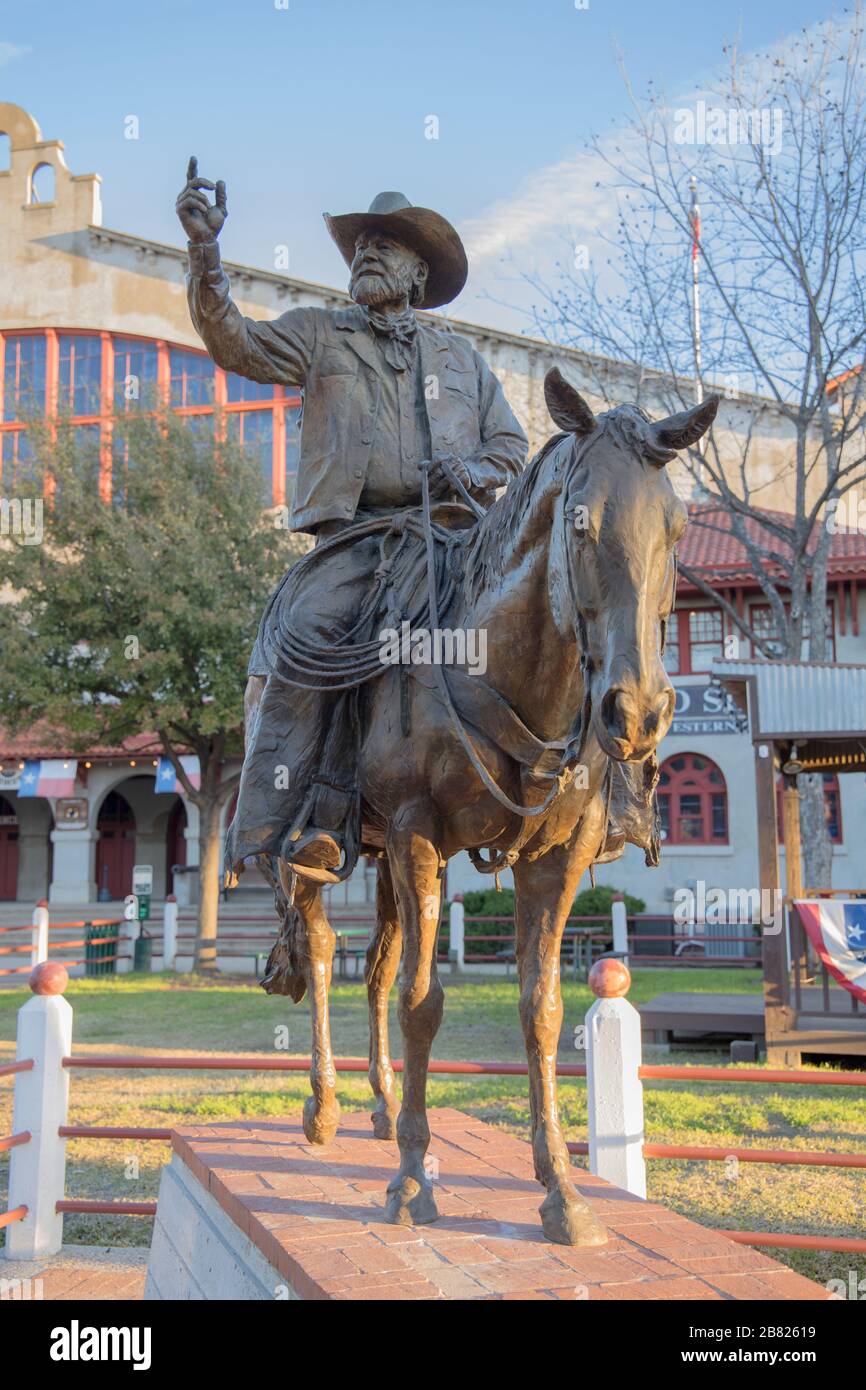 cowboy ststue outside the rodeo in stockyard district of fort worth