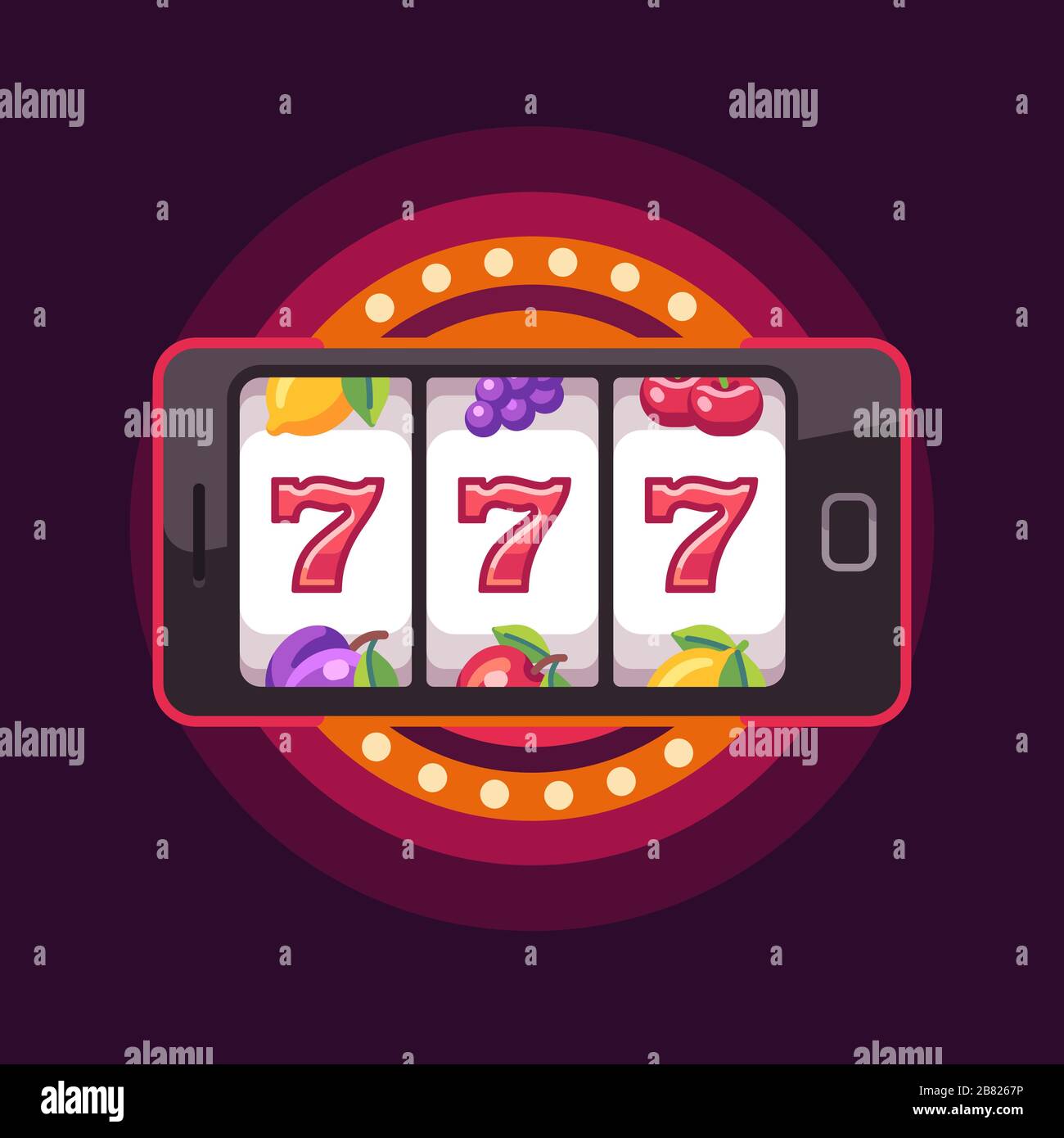 Smartphone with a slot machine on screen. Online slot game flat illustration on red background Stock Vector