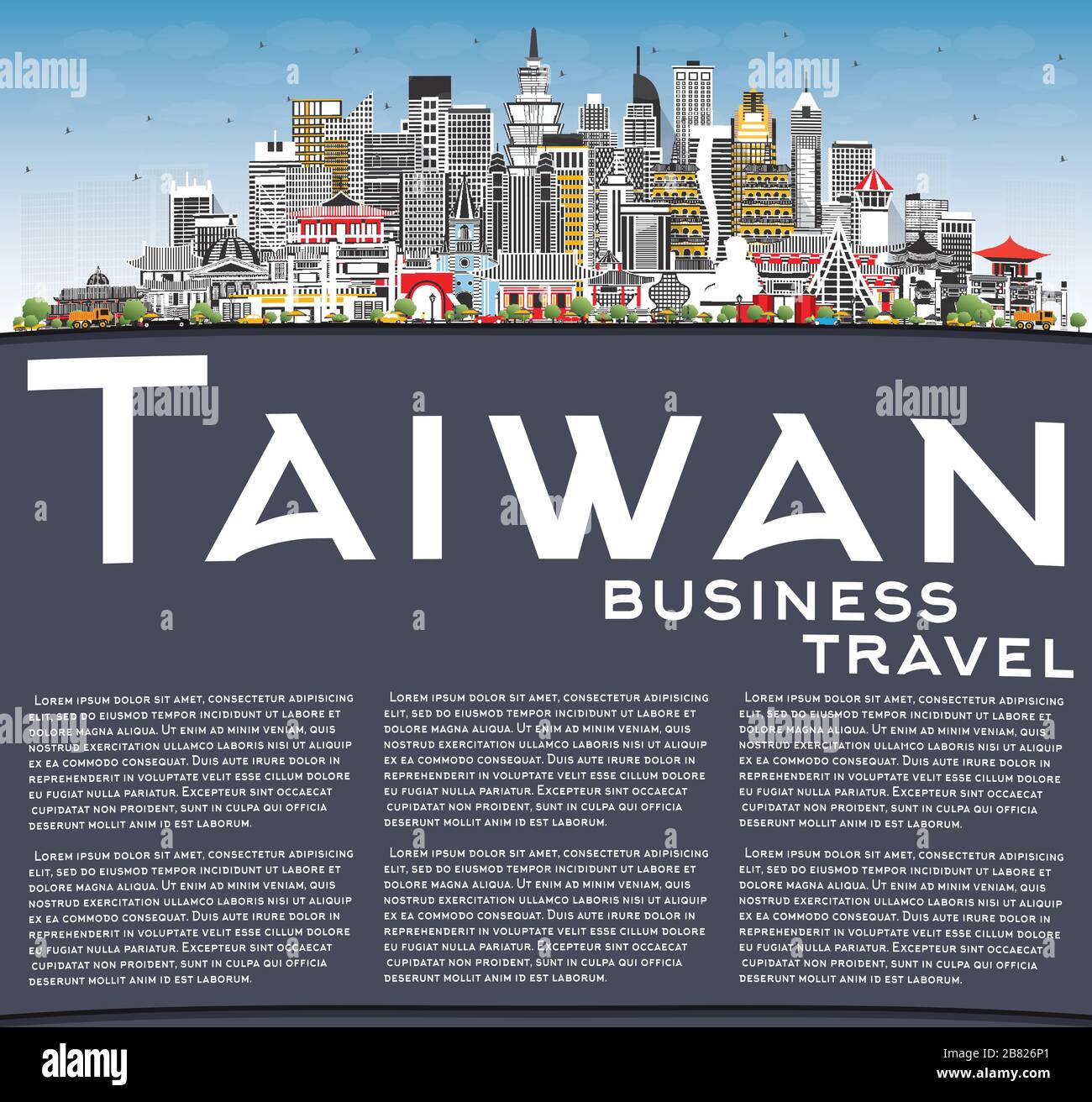 Taiwan City Skyline with Gray Buildings, Blue Sky and Copy Space. Vector Illustration. Tourism Concept with Historic Architecture. Taiwan Cityscape. Stock Vector