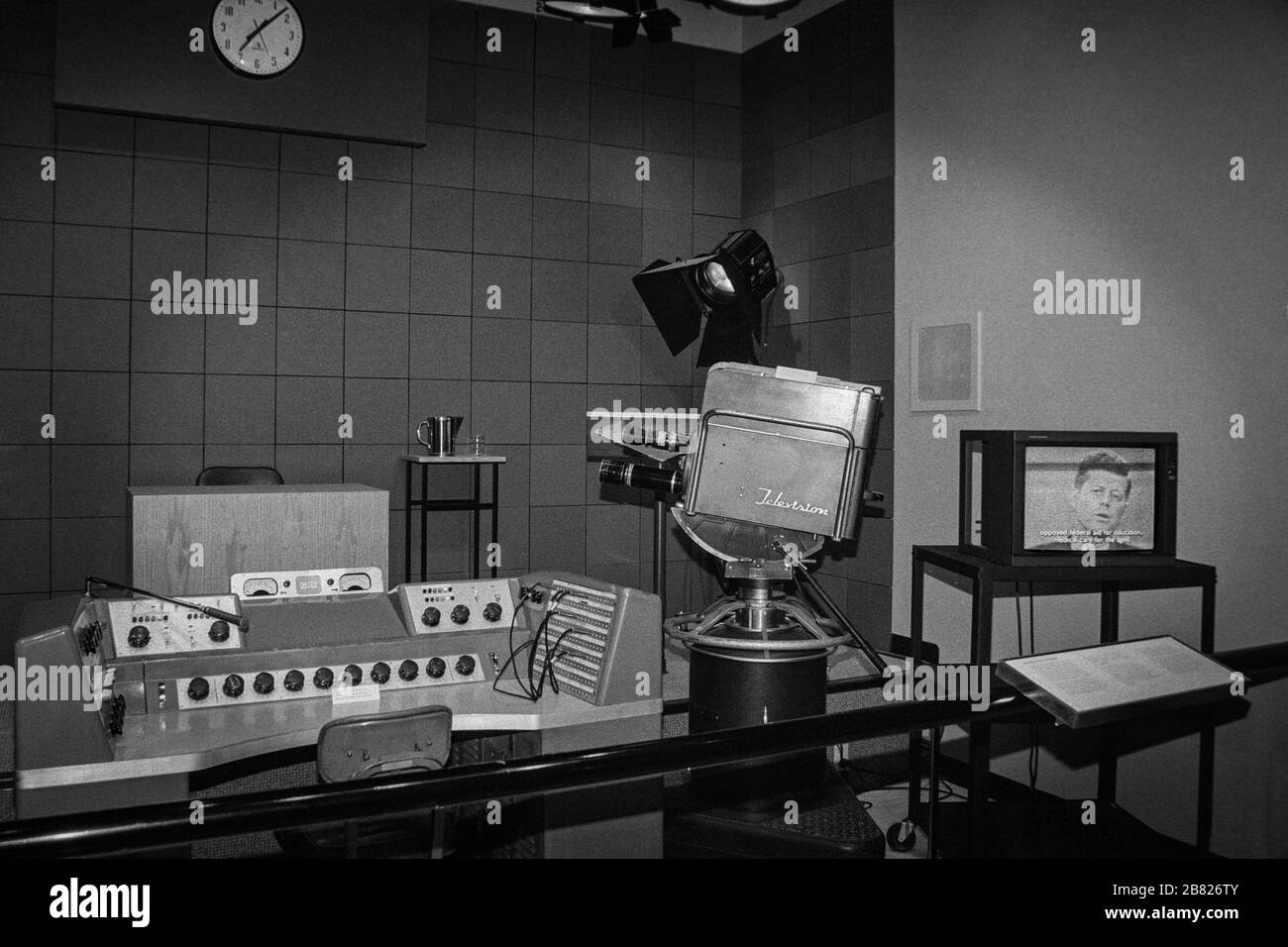 TV media exhibit referencing the first presidential press conference with John F. Kennedy in 1961. A video of the interview plays on a TV on the right Stock Photo