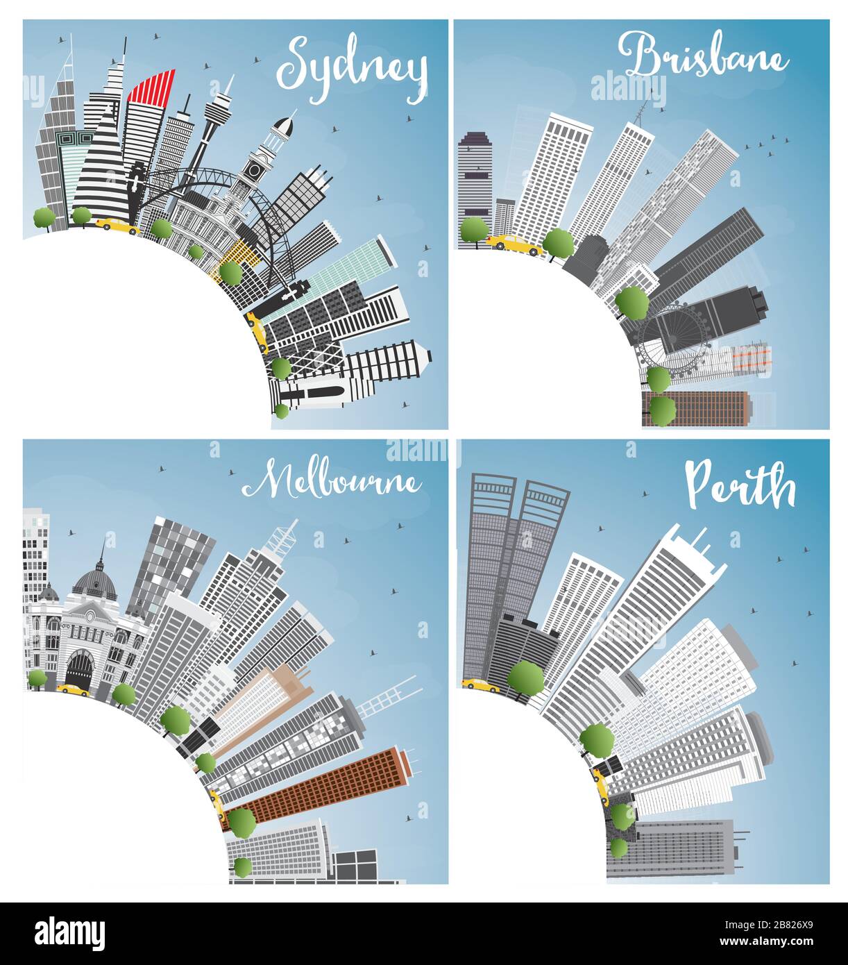 Australian Cities. Sydney Brisbane Perth and Melbourne City Skyline with Gray Buildings, Blue Sky and Copy Space. Vector Illustration. Stock Vector
