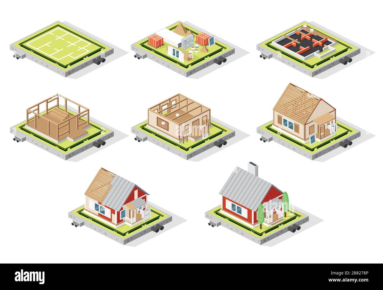 Isometric House Construction Phases Isolated on White. Vector Illustration. Stages from Plan to Finished Building. Stock Vector