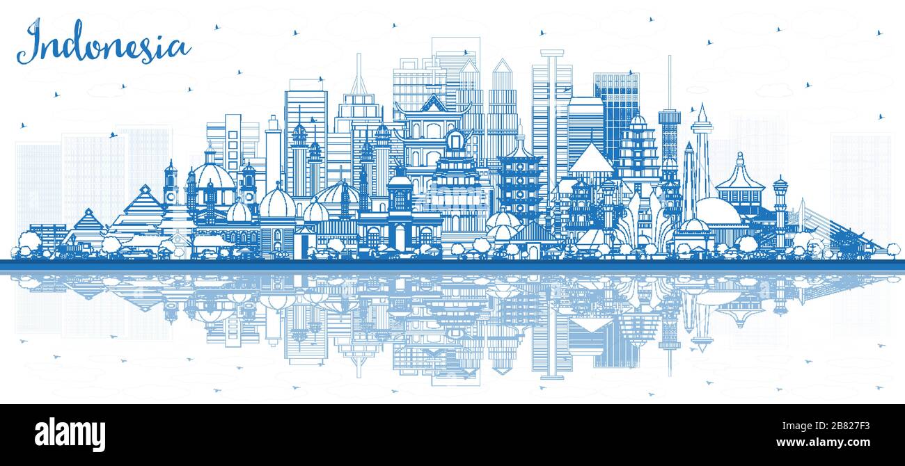 Outline Indonesia Cities Skyline with Blue Buildings and Reflections. Vector Illustration. Stock Vector