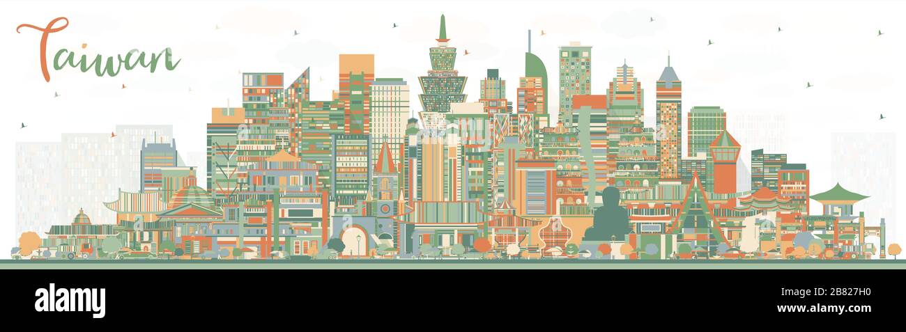 Taiwan City Skyline with Color Buildings. Vector Illustration. Tourism Concept with Historic Architecture. Taiwan Cityscape with Landmarks. Taipei. Stock Vector