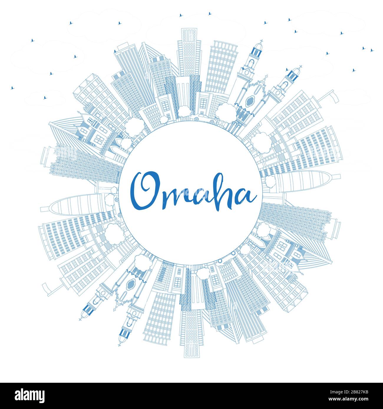 Outline Omaha Nebraska City Skyline with Blue Buildings and Copy Space. Vector Illustration. Business Travel and Tourism Concept. Stock Vector