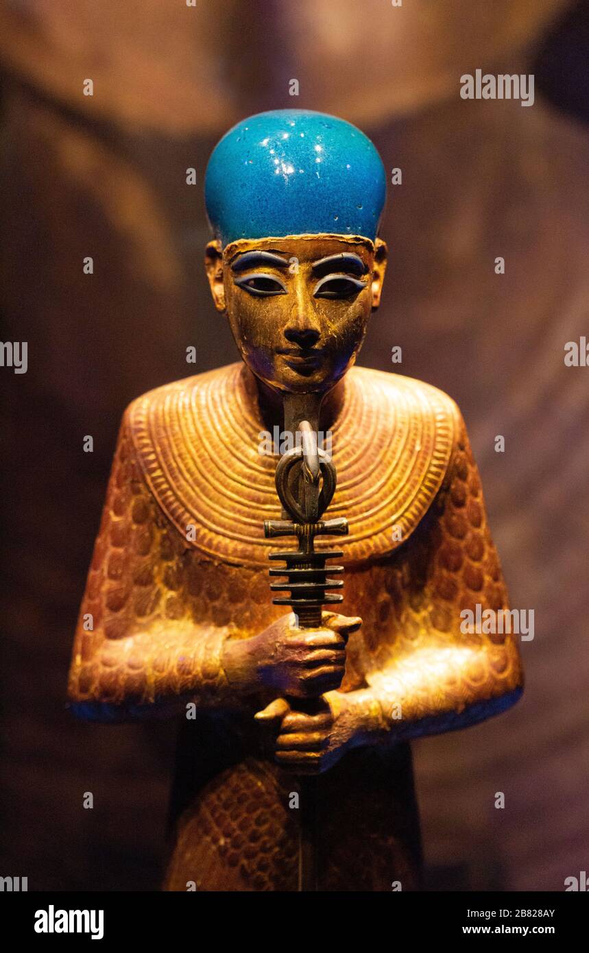 Tutankhamun tomb treasure, gilded wooden figure of the Creator God Ptah, from the tomb of Pharaoh Tutankhamen, Ancient Egyptian history Stock Photo