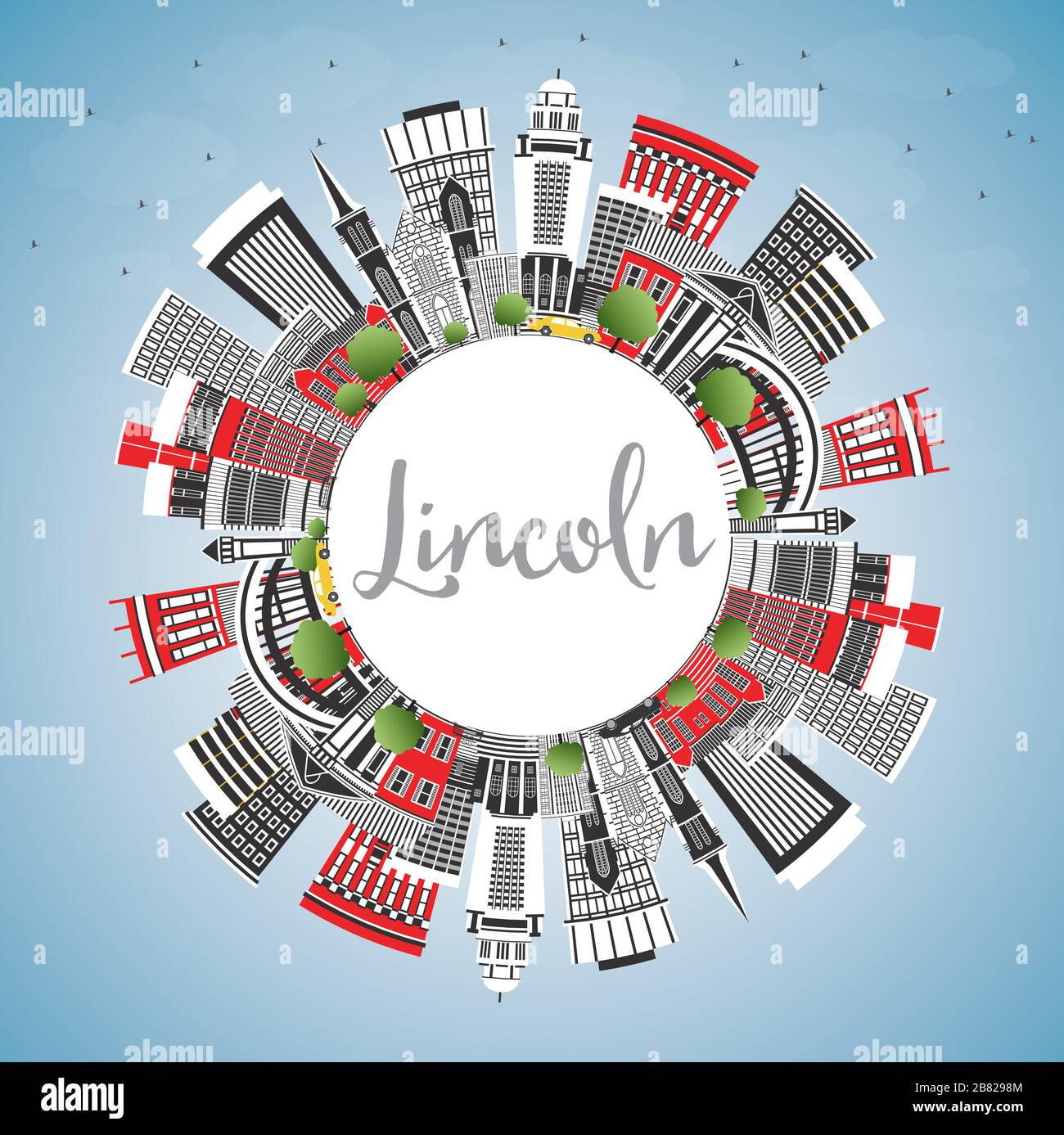 Lincoln Nebraska City Skyline with Color Buildings, Blue Sky and Copy