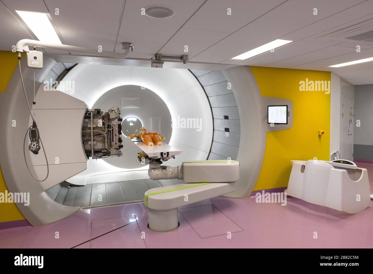 Test dummy at a cancer Radiation Proton beam therapy treatment room in hospital. Uppsala, Sweden. Stock Photo