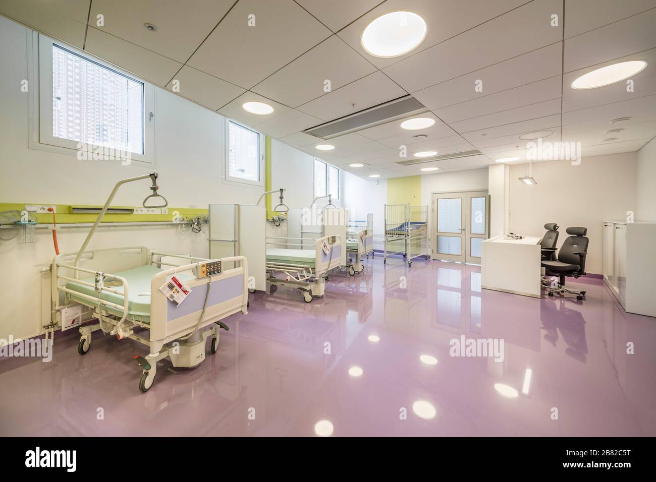 Empty wake up room at a cancer Radiation Proton beam therapy treatment hospital. Uppsala, Sweden. Stock Photo