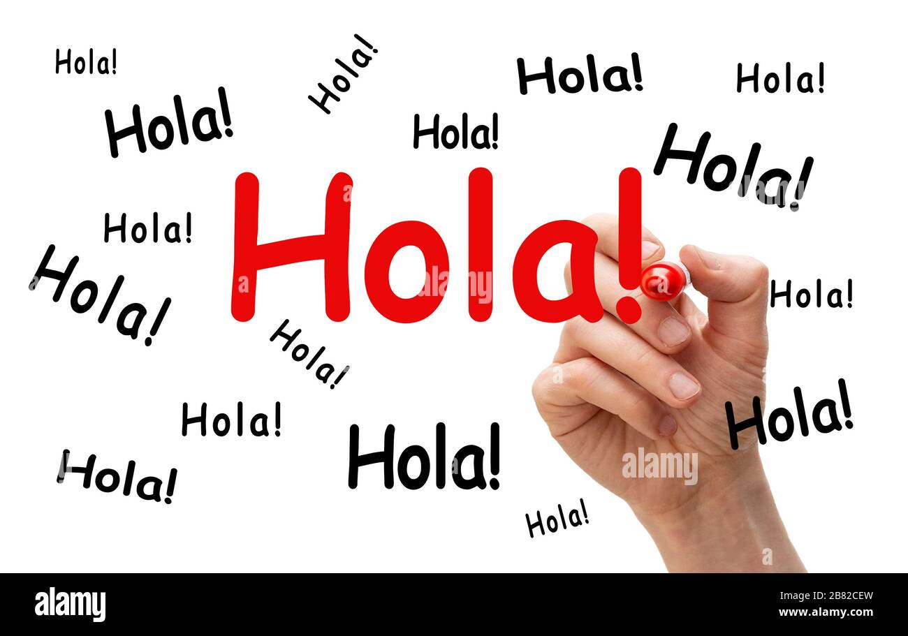 the-spanish-word-hola-written-multiple-times-on-a-whiteboard-stock