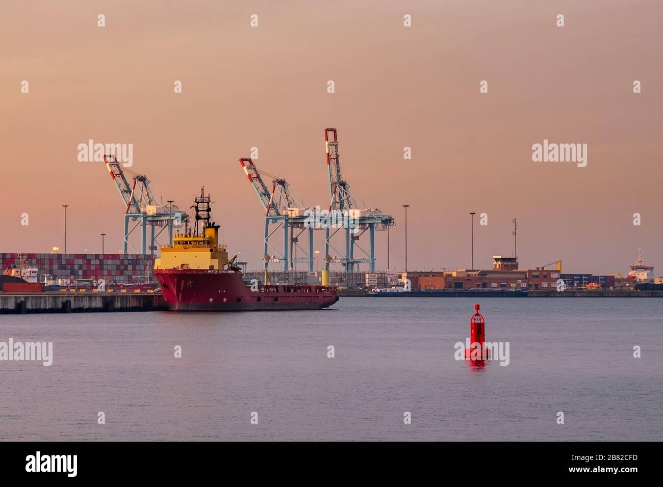 Container terminal in the port of Zeebrugge at sunset. View from the viewing platform near the monument 'Visserskruis' Stock Photo