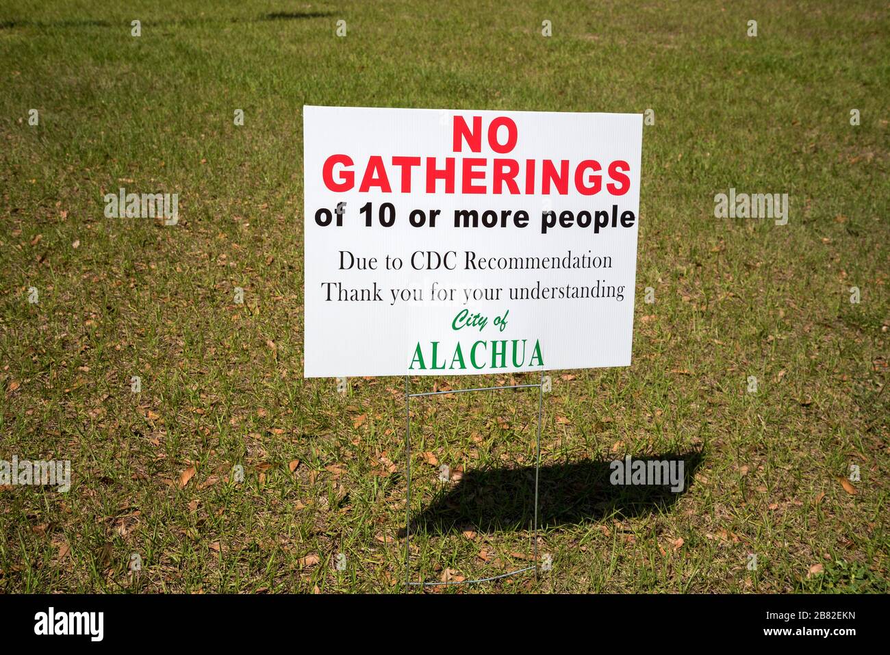 Restricted gathering of people sign at a public park in Alachua, Florida, due to the coronavirus threat. Stock Photo