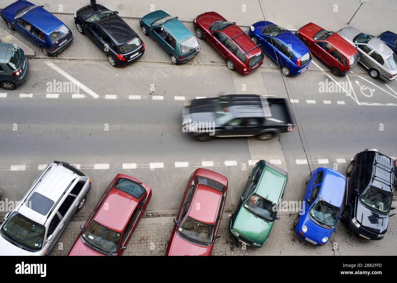 Warsaw, Poland 04-17-2013 aerial with parked car in lots and traffic Stock Photo