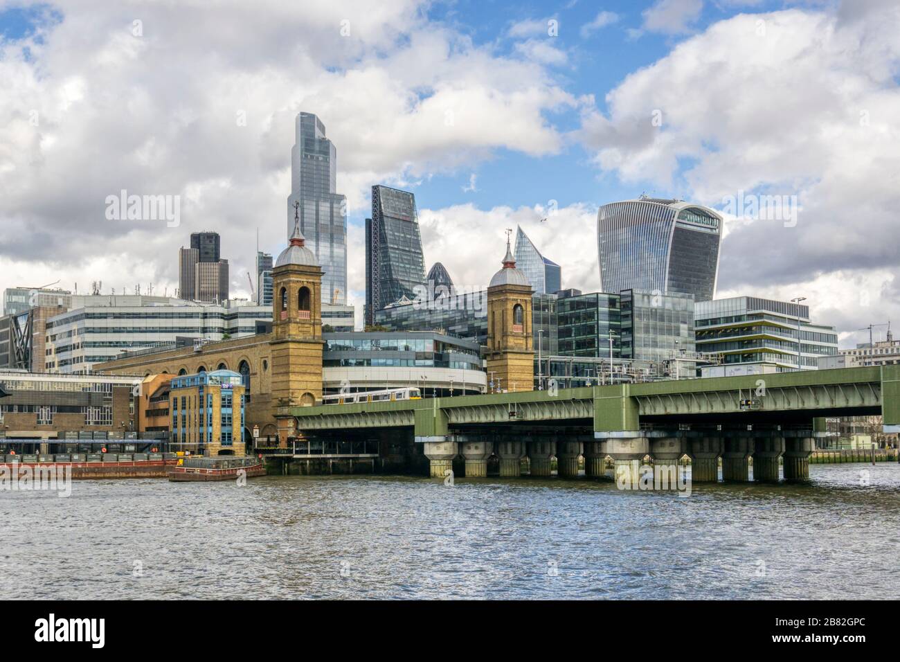 High rise office buildings of the City of London seen over the towers of Cannon Street Station. Stock Photo