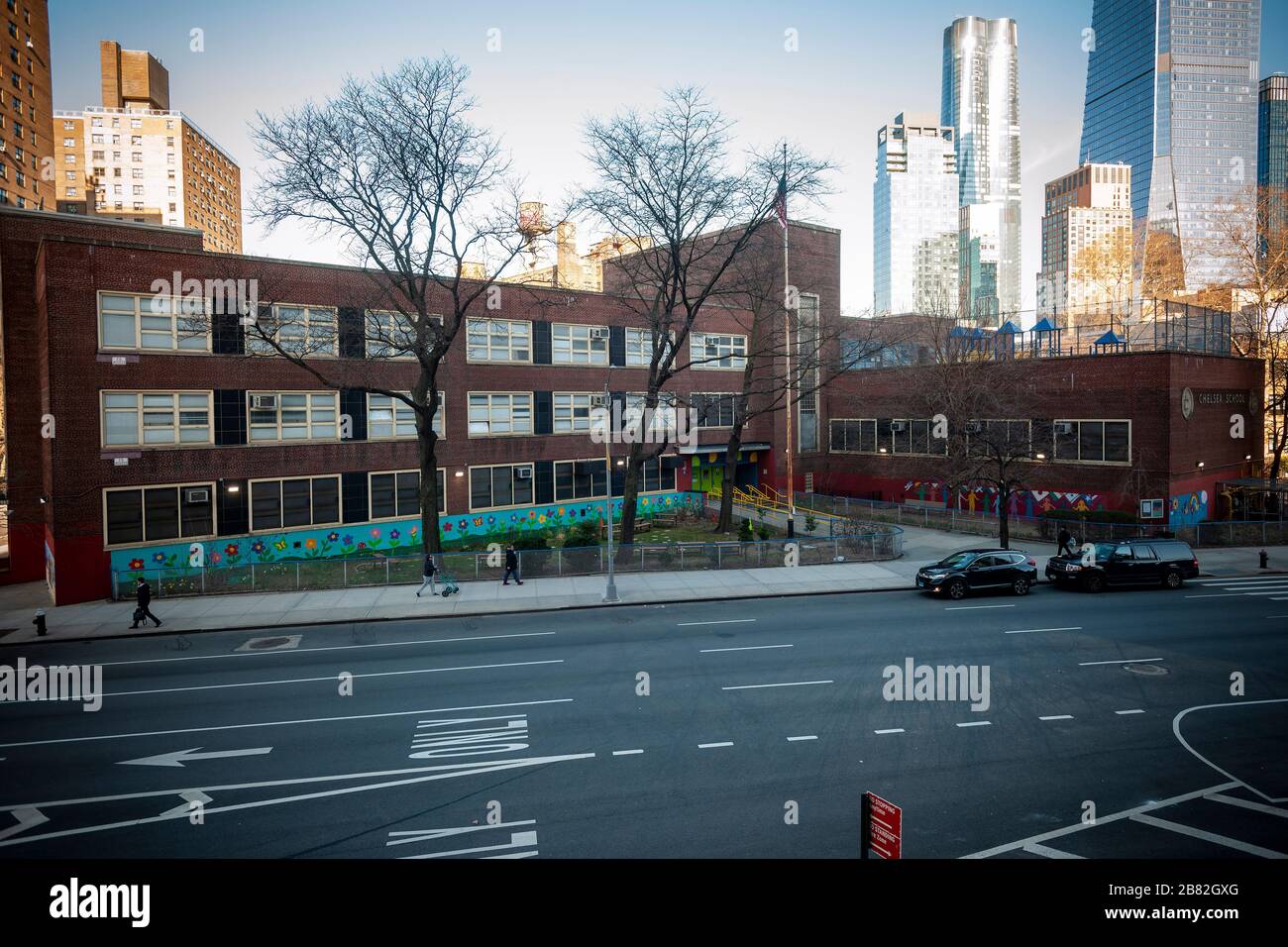 The closed PS33 in the Chelsea neighborhood of New York on Monday, March 16, 2020. New York City Mayor Bill De Blasio has closed schools in the city to prevent the spread of COVID-19.  (© Richard B. Levine) Stock Photo