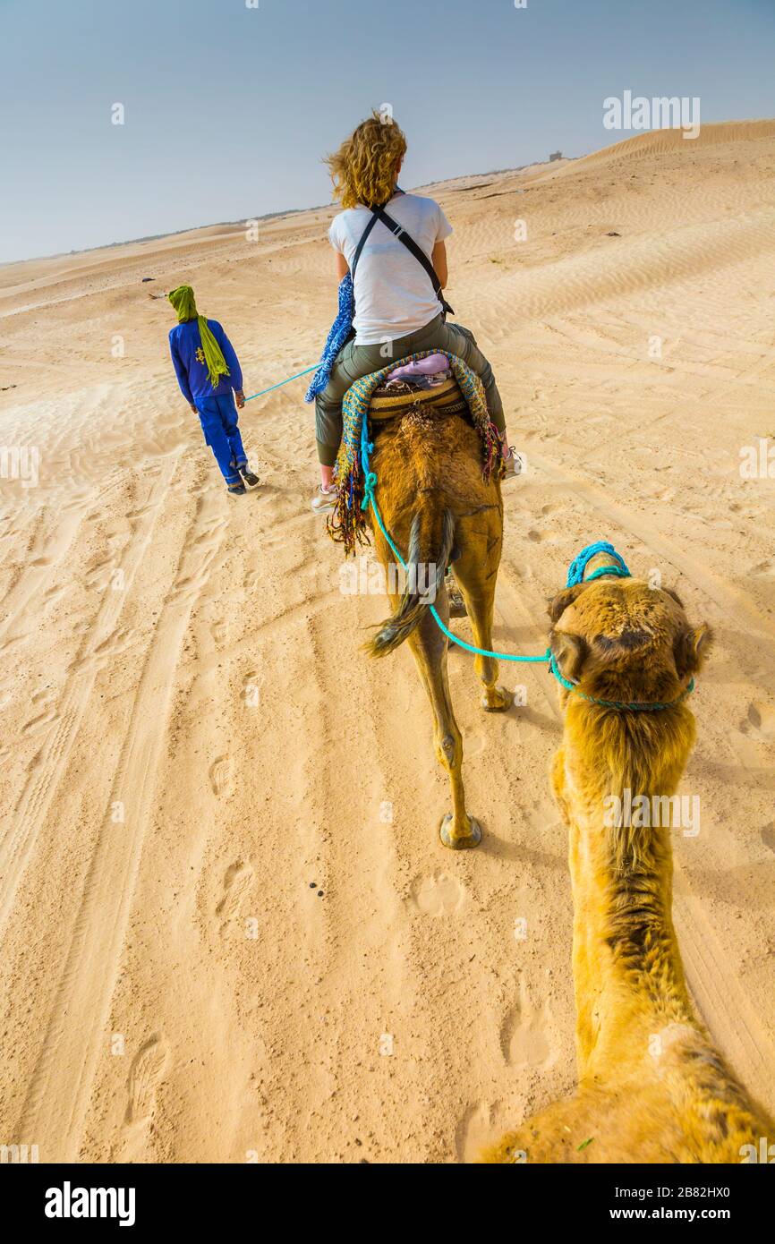 Woman and tuareg guide in a dromedary ride in the desert. Stock Photo