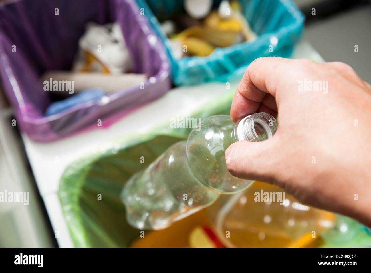 Man putting empty plastic bottle in recycling bin in the kitchen. Person in the house kitchen separating waste. Different trash can with colorful bags Stock Photo