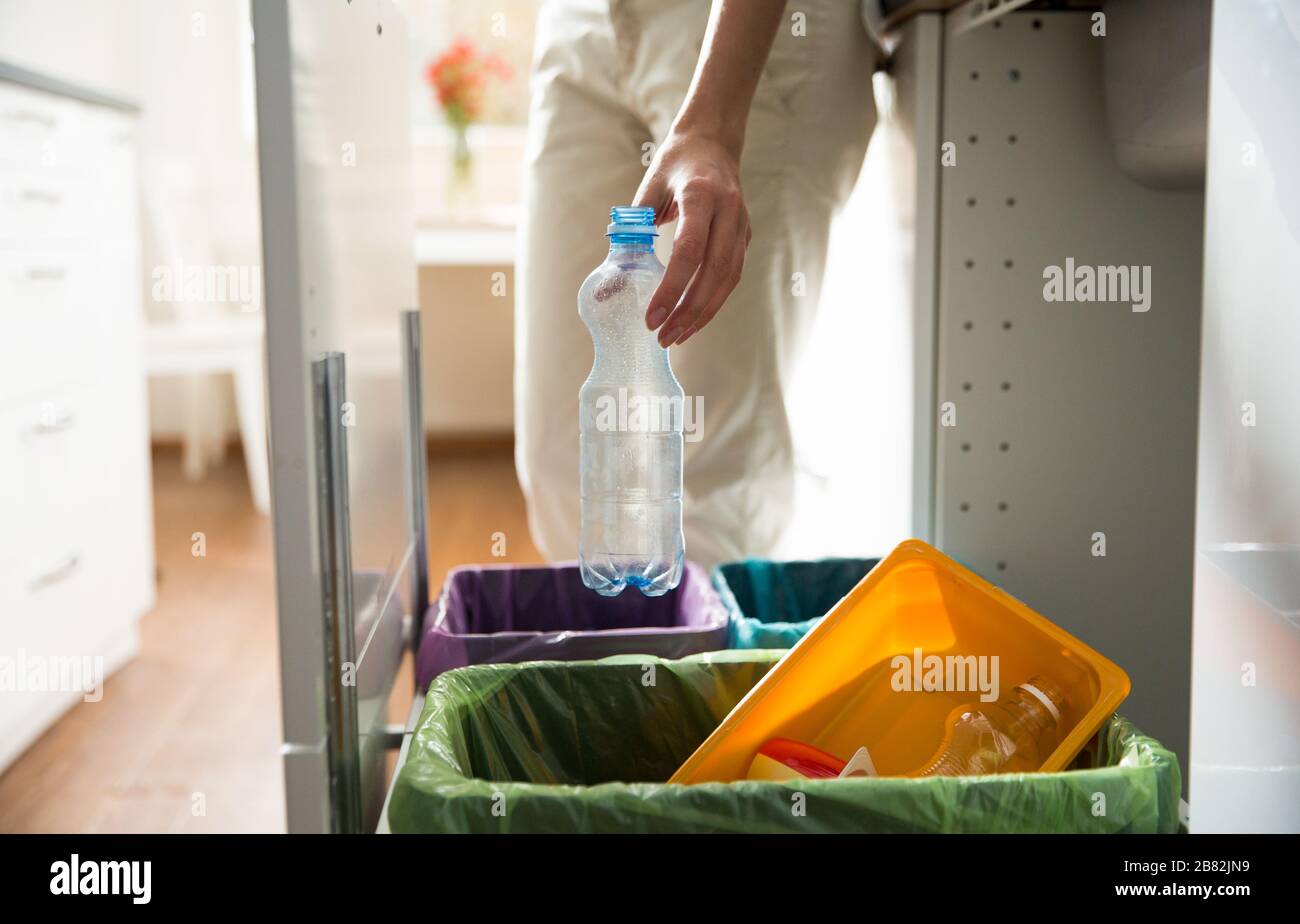 Man putting empty plastic bottle in recycling bin in the kitchen. Person in the house kitchen separating waste. Different trash can with colorful bags Stock Photo