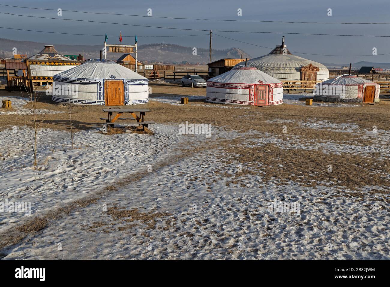 A yurts camp in Mongolia, during winter Stock Photo