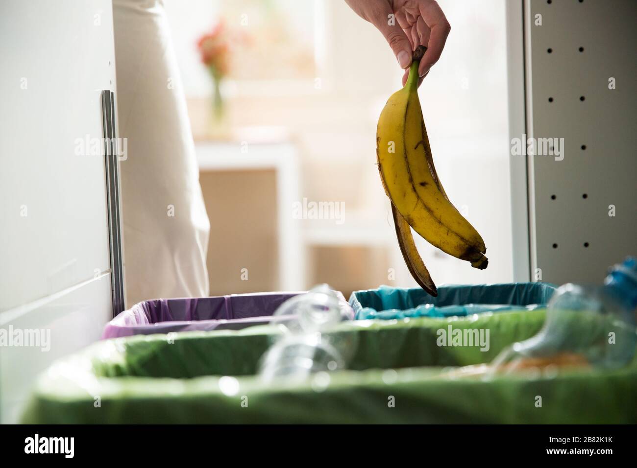 Woman putting banana peel in recycling bio bin in the kitchen. Person in the house kitchen separating waste. Different trash can with colorful garbage Stock Photo