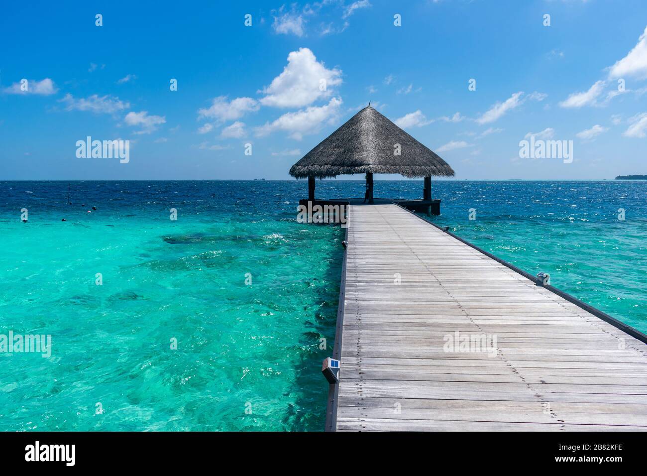 Maldives, Kaafu atoll December 27 2019 A wooden pier towards a