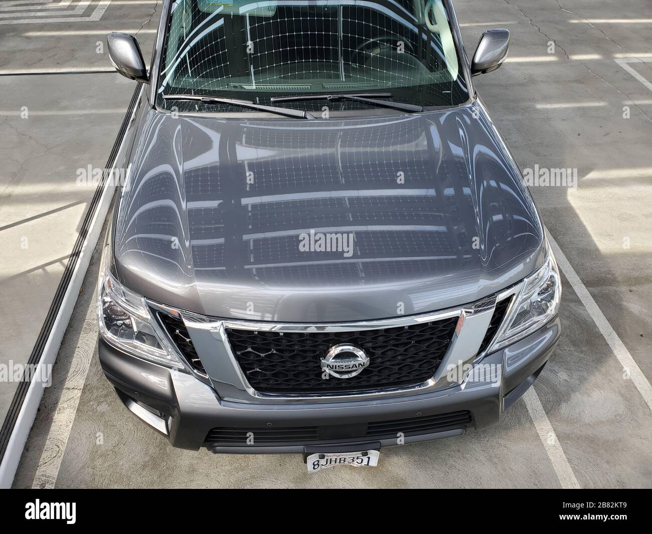 Aerial view of front portion of Nissan Armada full size Sports Utility Vehicle (SUV), San Ramon, California, March 5, 2020. () Stock Photo