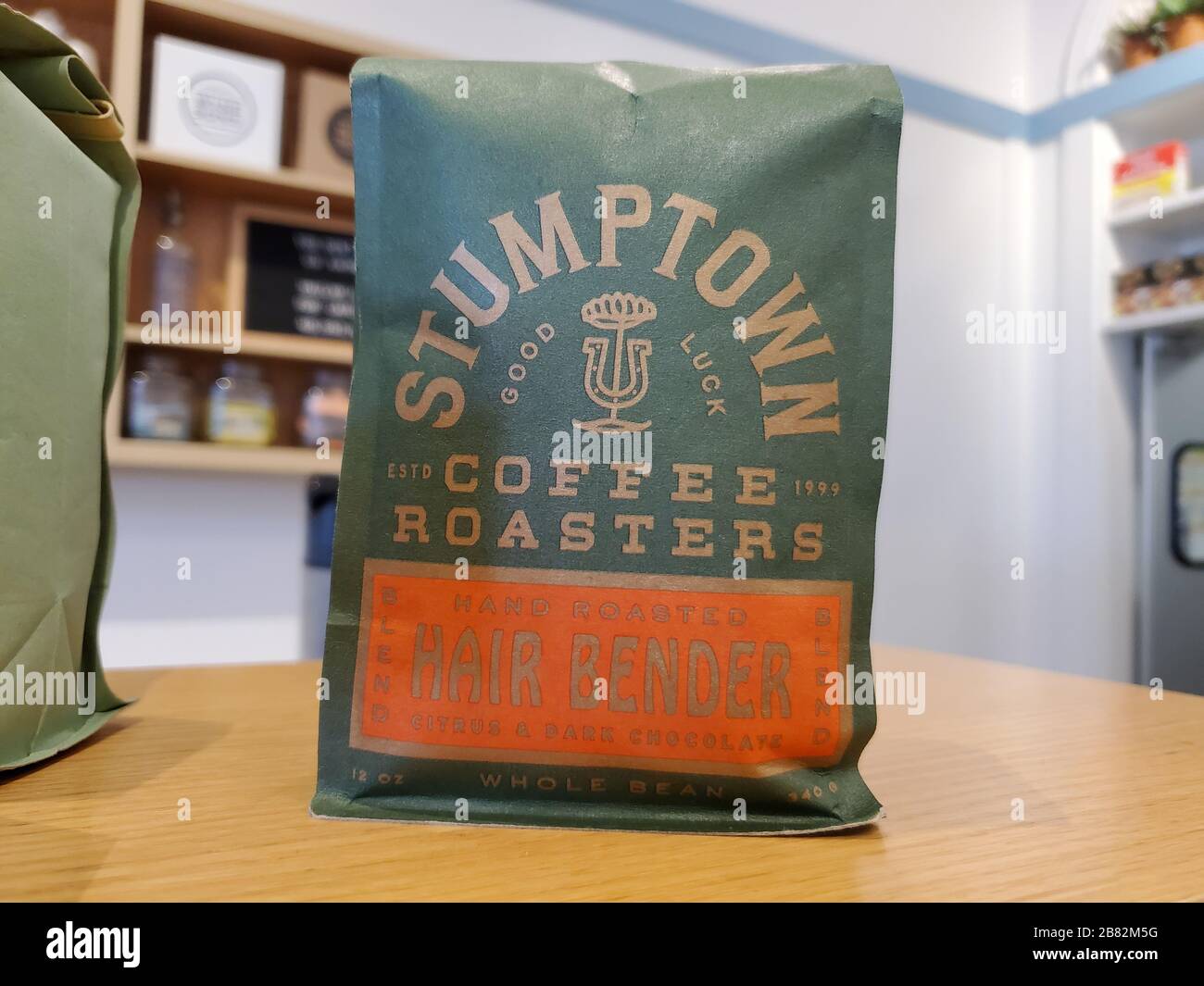 Closeup of bag of artisan Stumptown coffee roaster coffee beans