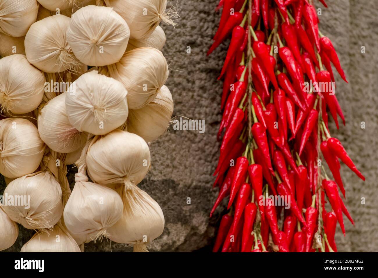 Garlic and chili pepper, red and white. Two typical mediterranean food