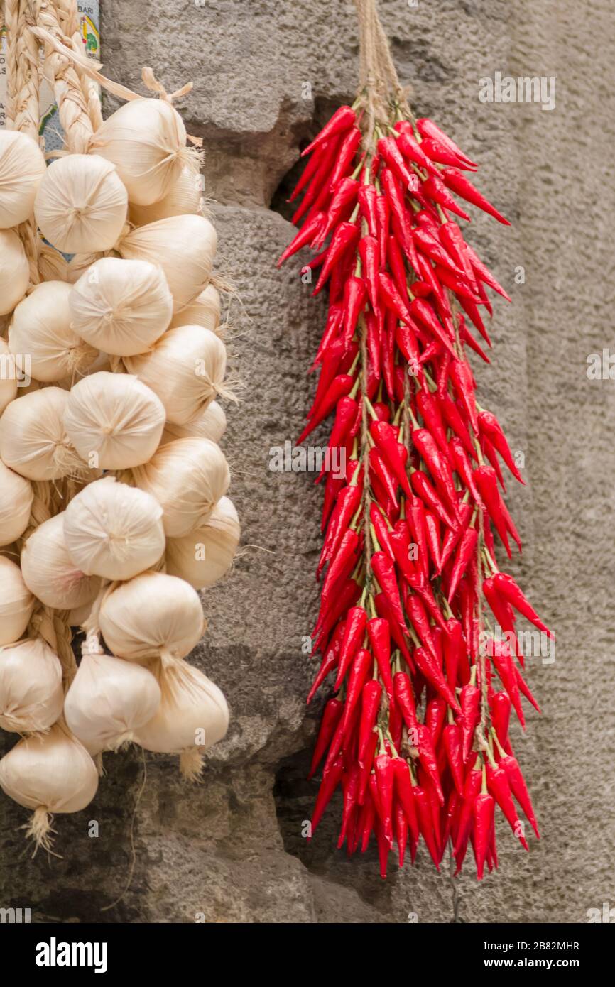 Garlic and chili pepper, red and white. Two typical mediterranean food