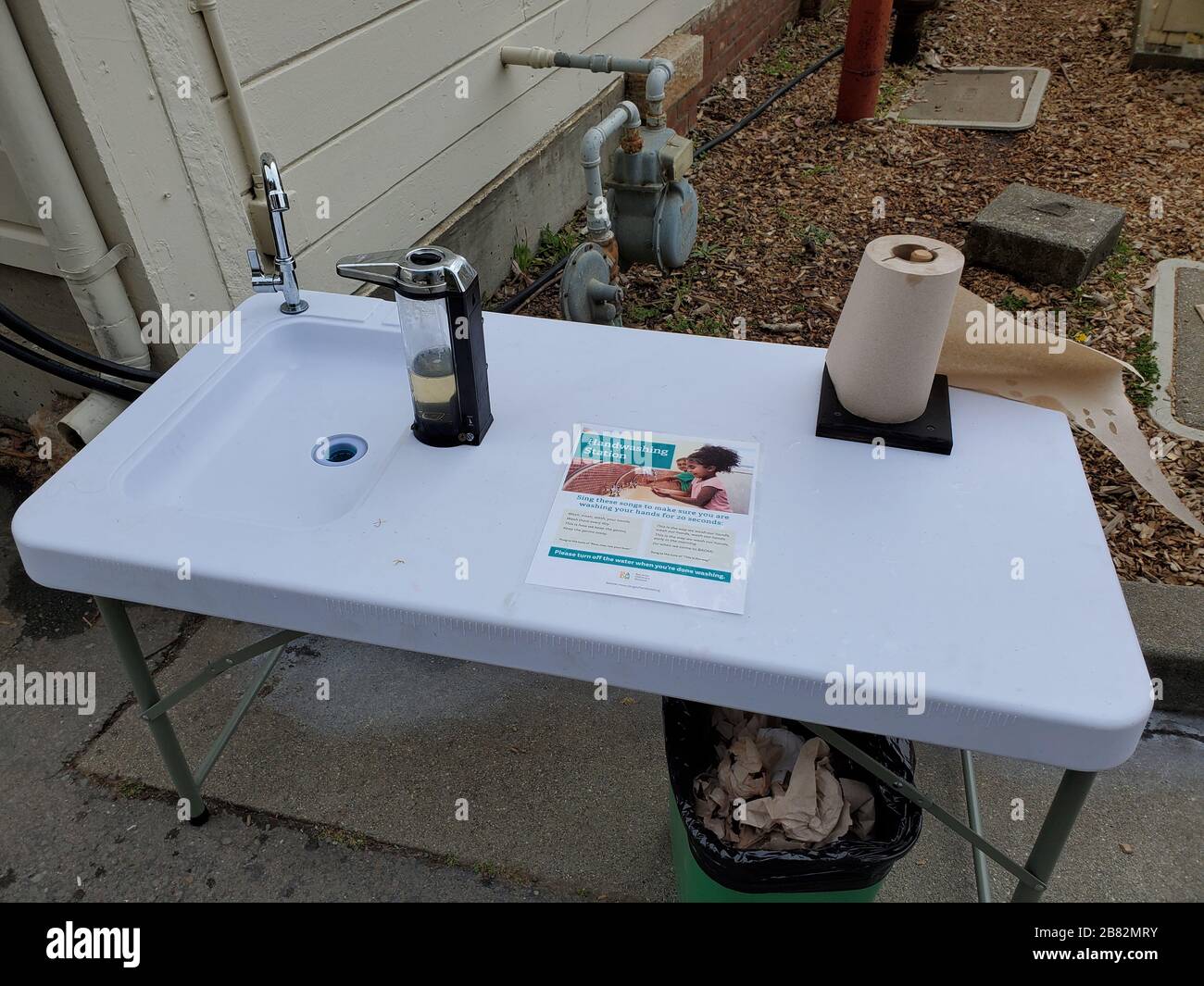 At the Bay Area Discovery Museum, a children's museum in Sausalito, California, a hand washing station is set up as part of an educational program about hand hygiene during an outbreak of COVID-19 coronavirus, Marin County, Sausalito, California, March 8, 2020. () Stock Photo