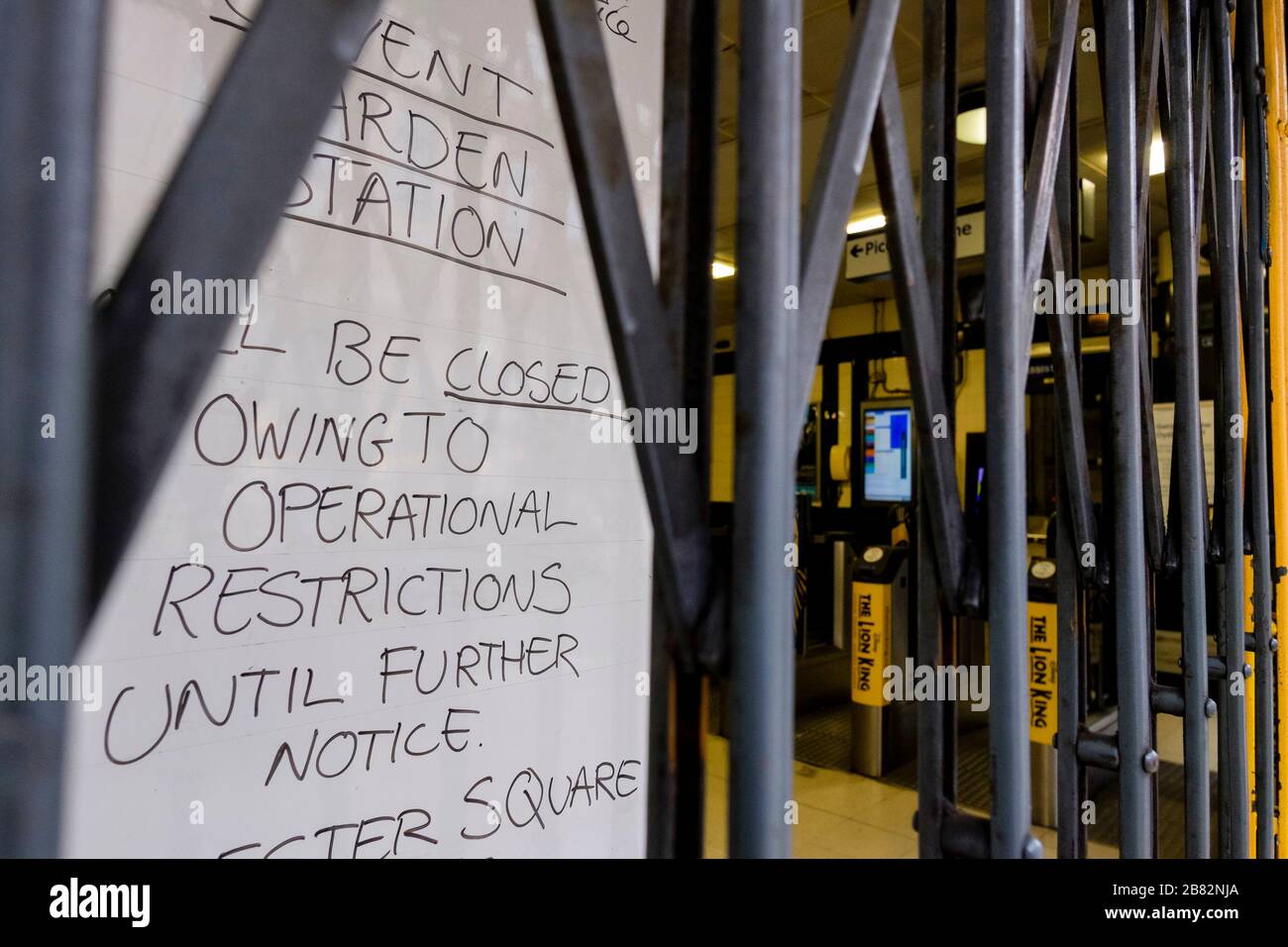 London, UK. 19 March 2020. A notice at Covent Garden Underground station informs the public that the station is closed until further notice owing to operational restrictions. Stock Photo