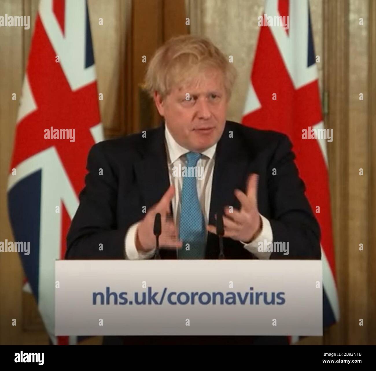 A screen-grab of Prime Minister Boris Johnson speaking at a media briefing in Downing Street, London, on coronavirus (COVID-19) as NHS England announced that the coronavirus death toll had reached 137 in the UK. Stock Photo