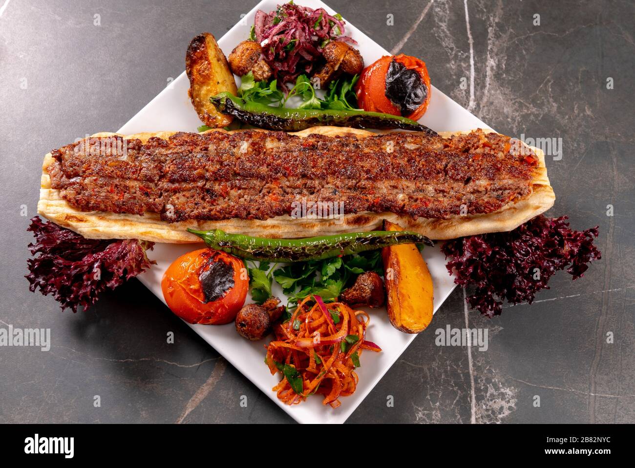 Adana kebab, minced meat kebab, turkish food stock photo Stock Photo