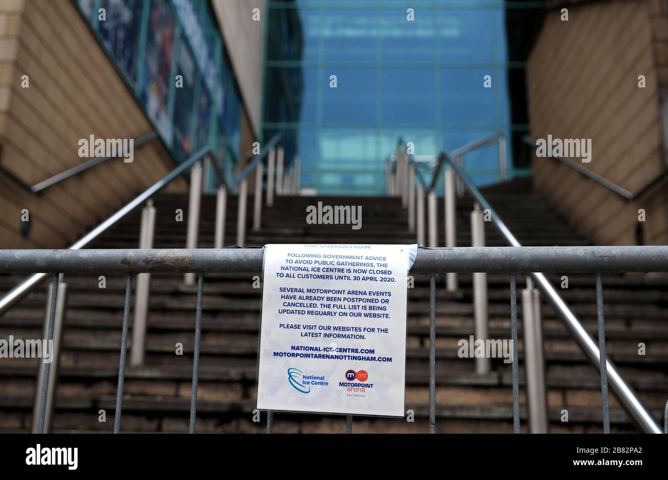 A notice informing customers that the Moptorpoint Arena and National Ice Centre in Nottingham is closed after NHS England announced that the coronavirus death toll had reached 137 in the UK. Stock Photo