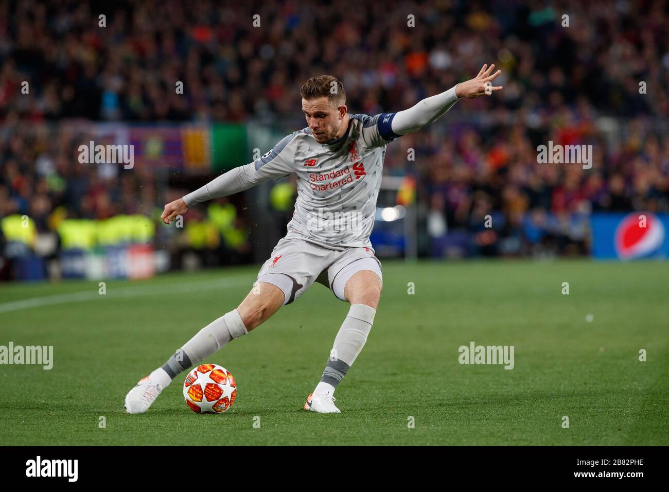 BARCELONA, SPAIN - MAY 01:  Jordan Henderson of Liverpool  during the UEFA Champions League Semi Final first leg match between FC Barcelona and Liverp Stock Photo