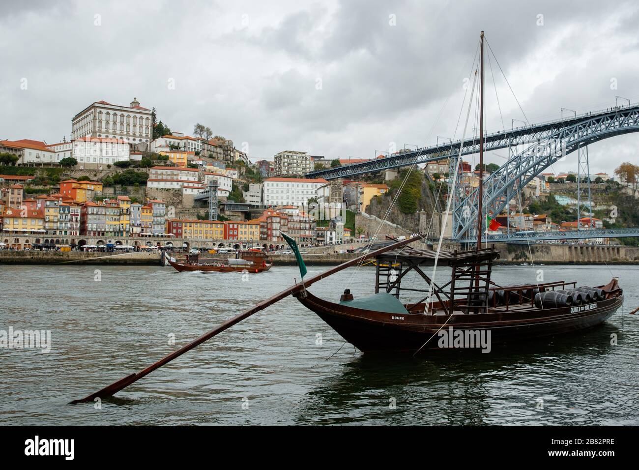 View of Cargo Boats on the River Douro in Porto, Portugal Stock Photo