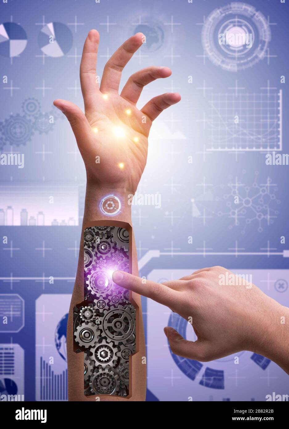 The robotic hand pressing button in futuristic concept Stock Photo - Alamy