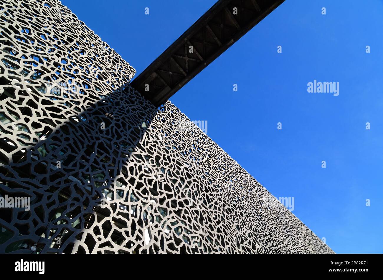 Abstract View of Footbridge & Concrete Lattice or Latticework Cladding of MUCEM Museum by Rudy Ricciotti Marseille Provence France Stock Photo
