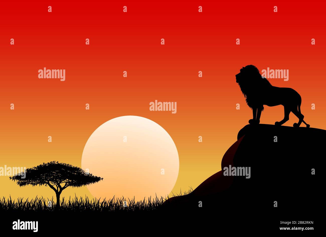 An African lion stands on a stone against the background of the sun. Sky, sun, sunset. The nature of the African savanna. Stock Vector