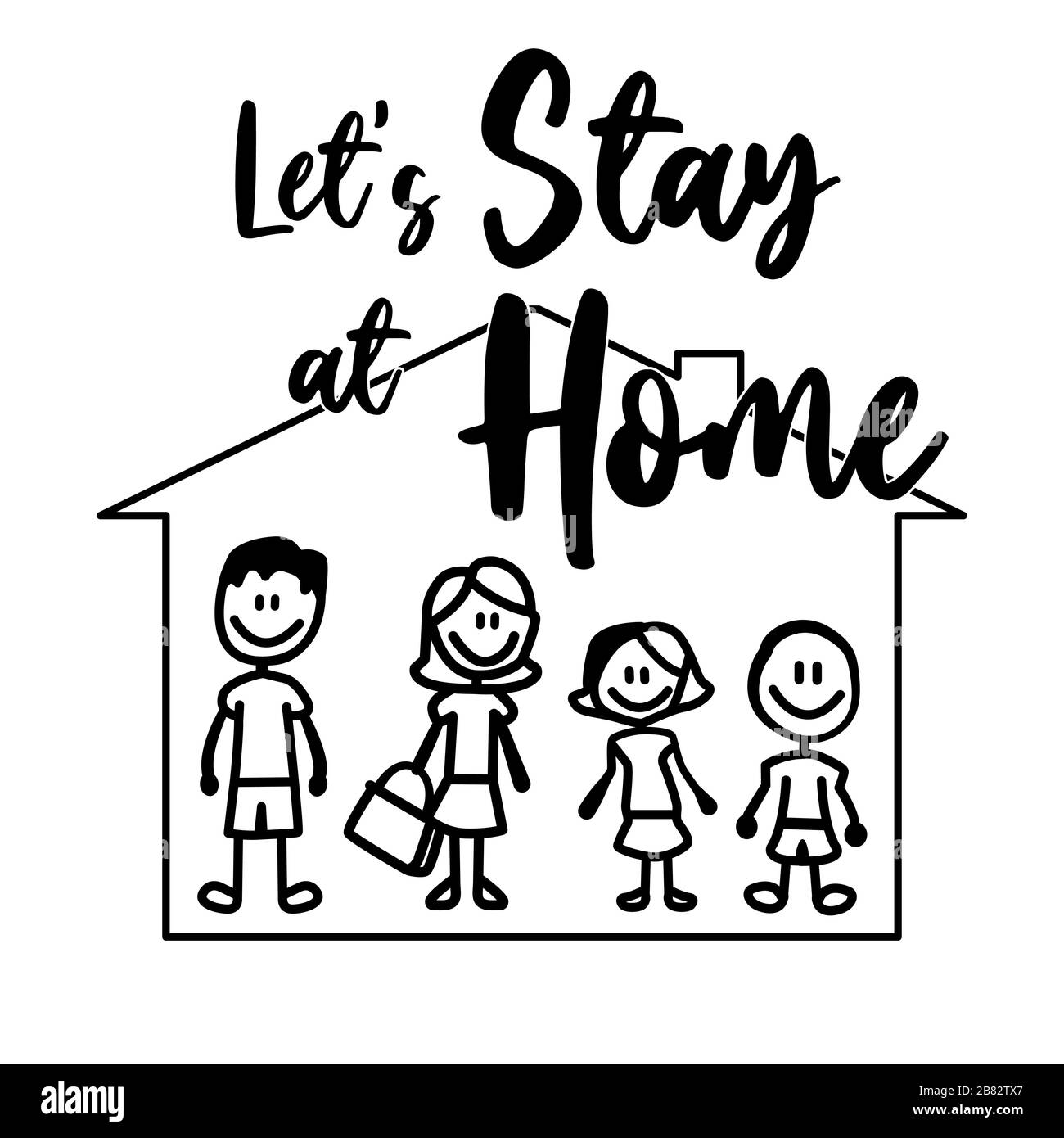 Stay at home with the self quarantine to help slow the outbreak and protect the spread of the virus. Self-isolating family for safety. vector illustra Stock Vector