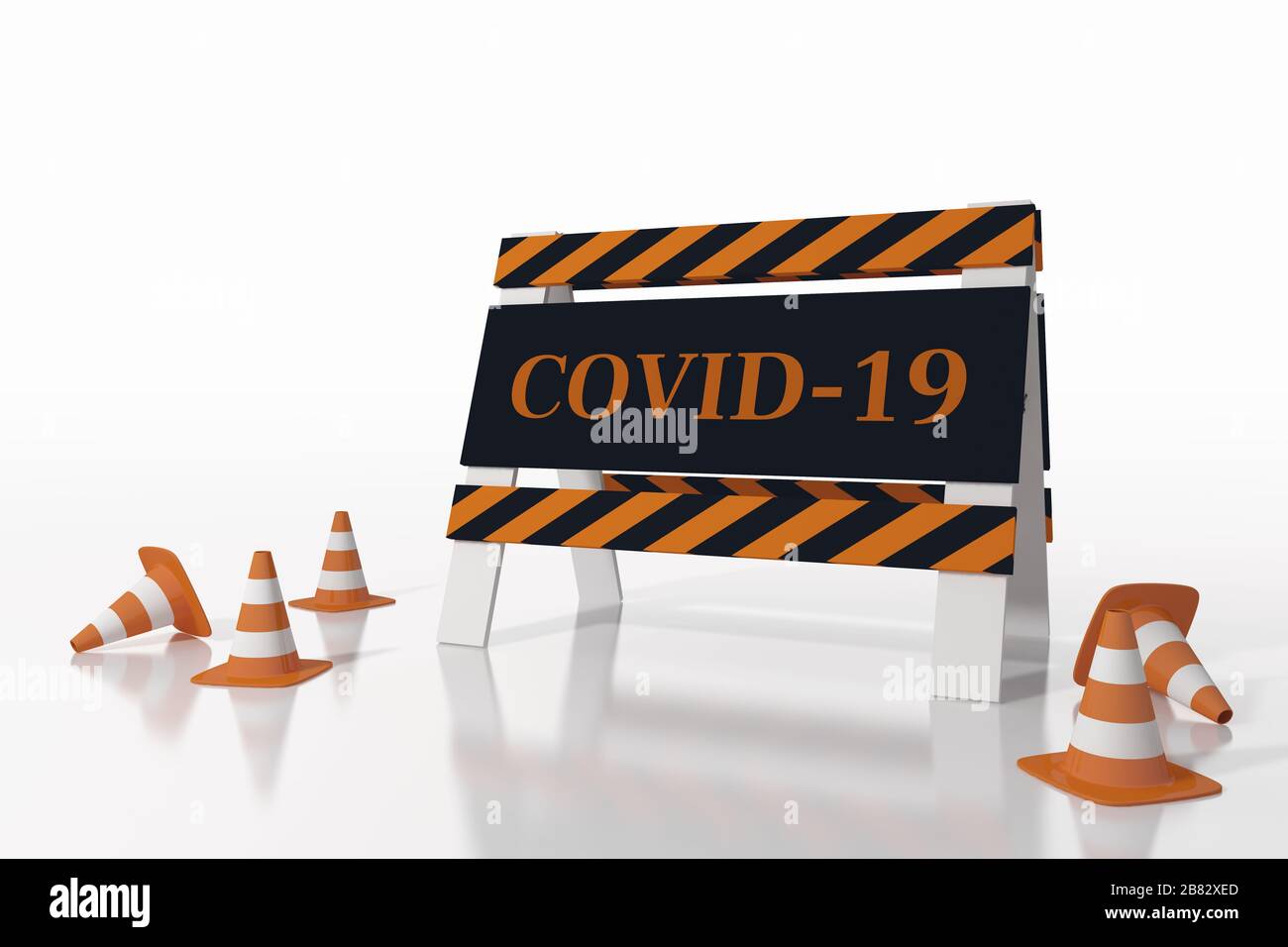 Road sign indicating closure for covid disease 19. 3D Rendering Stock Photo