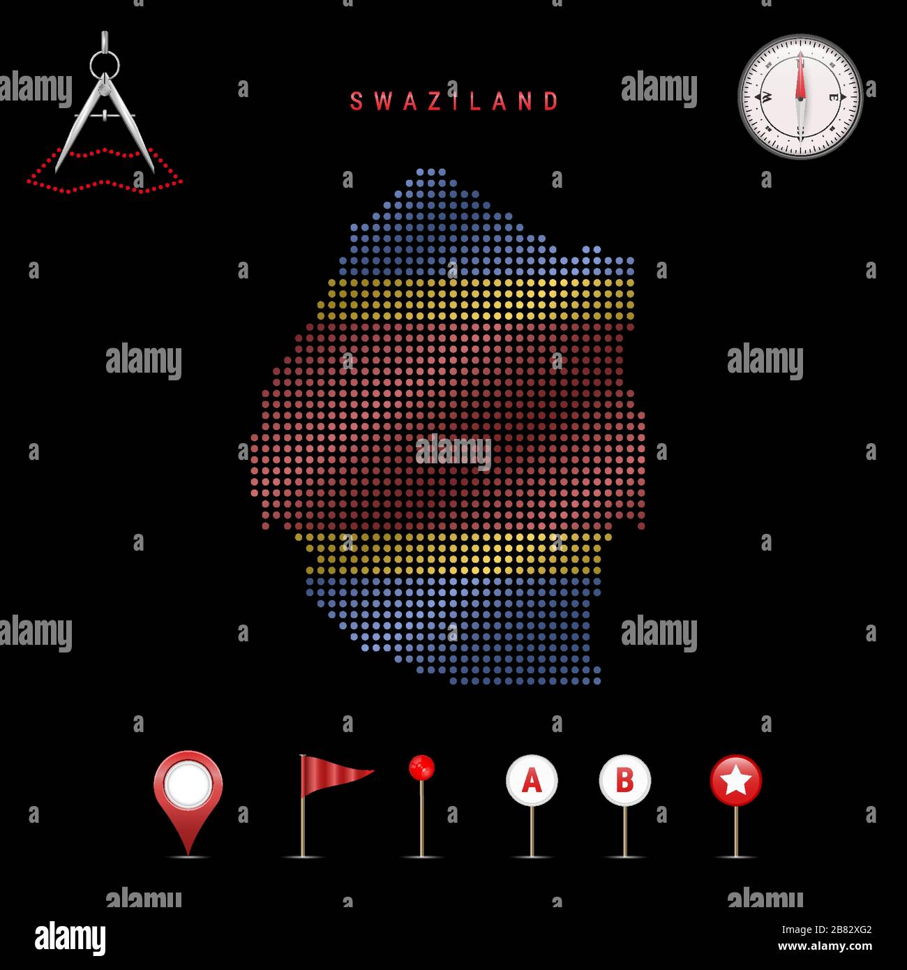 Dotted map of Swaziland painted in the colors of the national flag of Eswatini. Waving flag effect. Map tools, set of cartographic icons. Vector illus Stock Vector