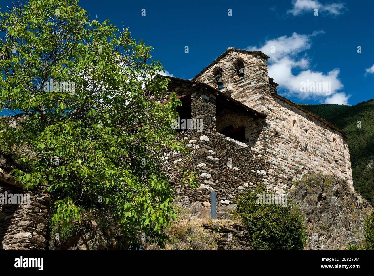 12th Century Romanesque church, Lombard period, 1164, dedicated to St. Roman. Within the historical group of the Bonds. Encamp, Andorra. Europe. Stock Photo