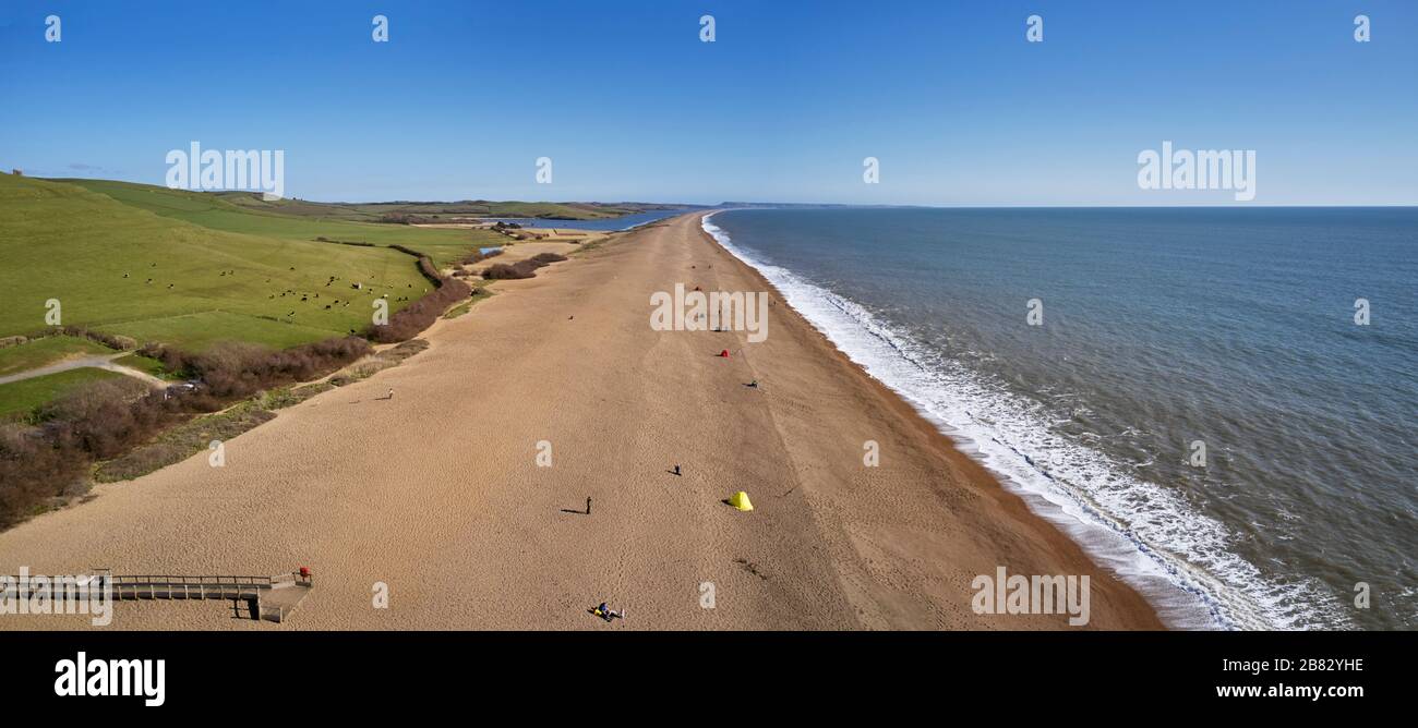 Chesil Beach at Abbotsbury, looking southeast to Isle of Portland