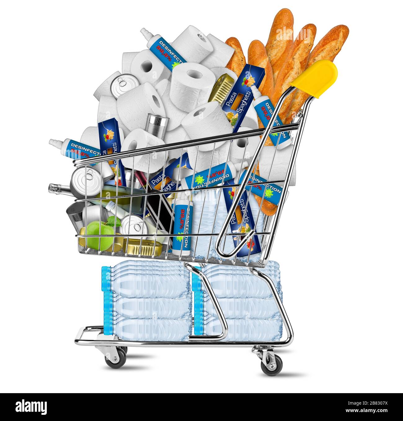 Hamster purchse panic shopping coronavirus crisis concept. Shop cart filled with disinfection spray pasta toilet paper water food wine beverages isola Stock Photo