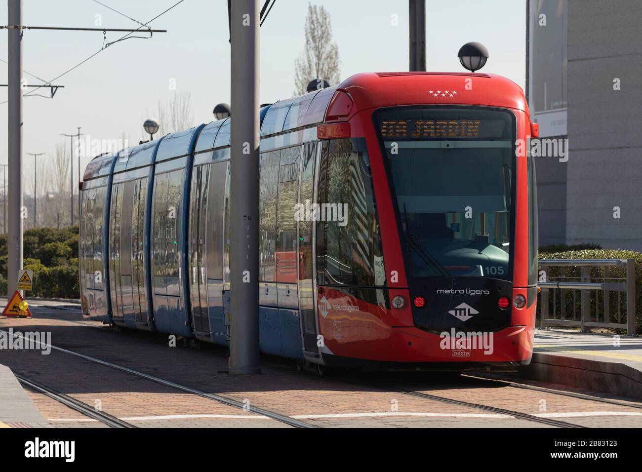 Madrid, Spain March 2020: Train of the Metro Ligero Oeste of Madrid public transport service, operating as it passes through the Ciudad del Cine Stock Photo - Alamy