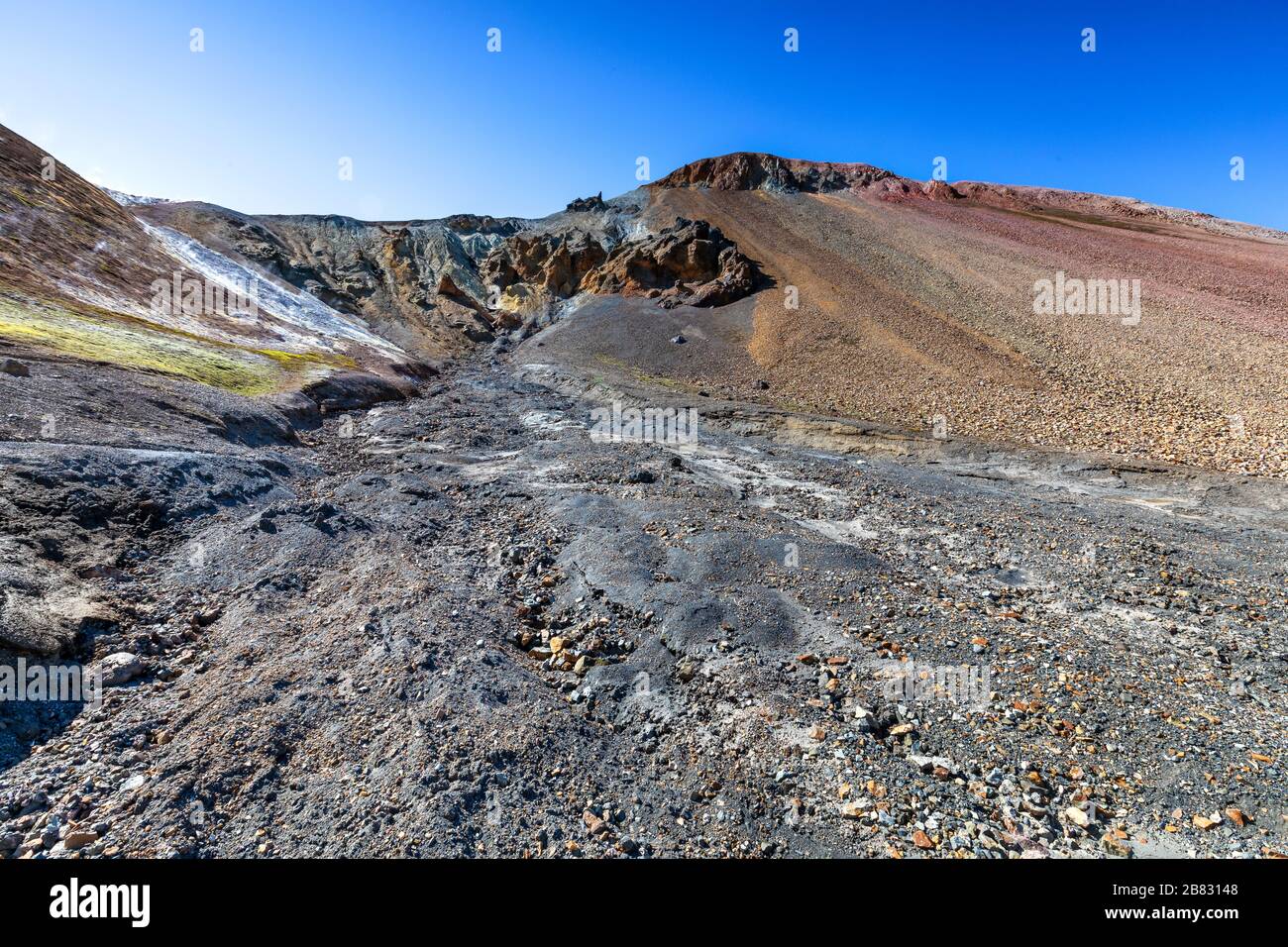 Landmannalaugar is a place in the Fjallabak Nature Reserve in the Highlands of Iceland. It is at the edge of Laugahraun lava field, which was formed i Stock Photo