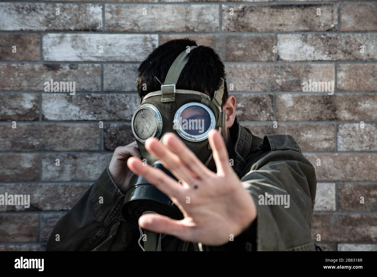 Gas Mask fear chimical batteric scared corona Stock Photo