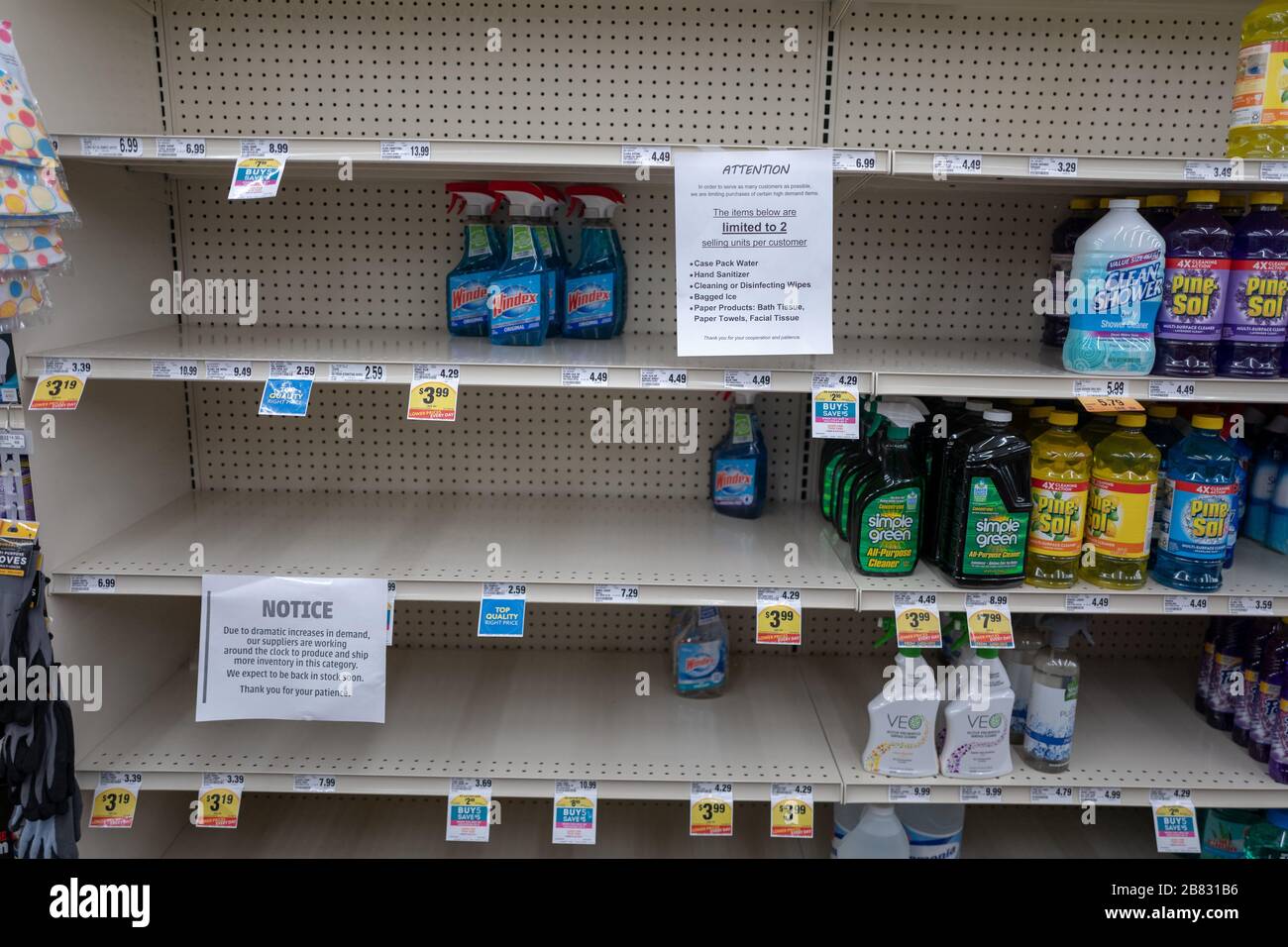 Many cleaning supplies and all disinfecting wipes were sold out at a Lucky supermarket amid shortages of many essentials supplies during an outbreak of the COVID-19 coronavirus in Contra Costa County, Danville, California, March 18, 2020. () Stock Photo
